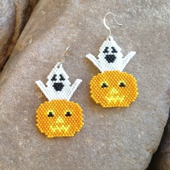 GHOST and Pumpkin Beaded Earrings, New, Handmade by Me - Picture 2 of 3